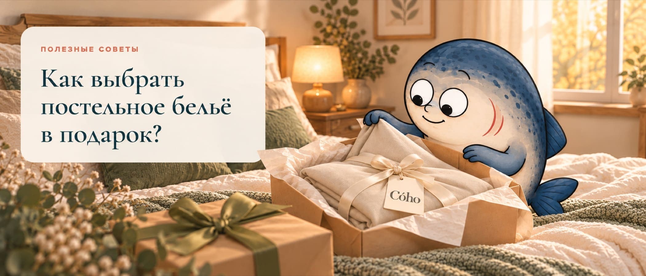 Лососяш выглядывает из подарочной коробки с постельным бельём Cóho, перевязанной лентой