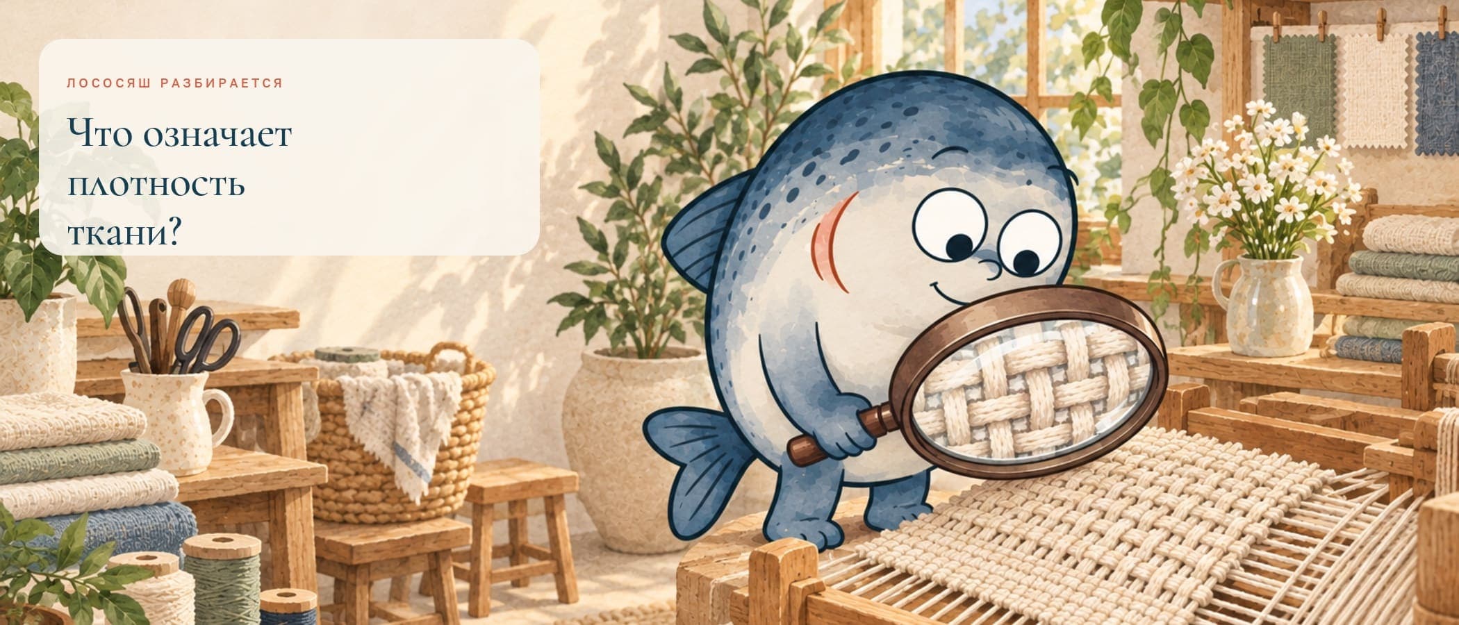 Маскот Coho изучает плотность и переплетение нитей через лупу