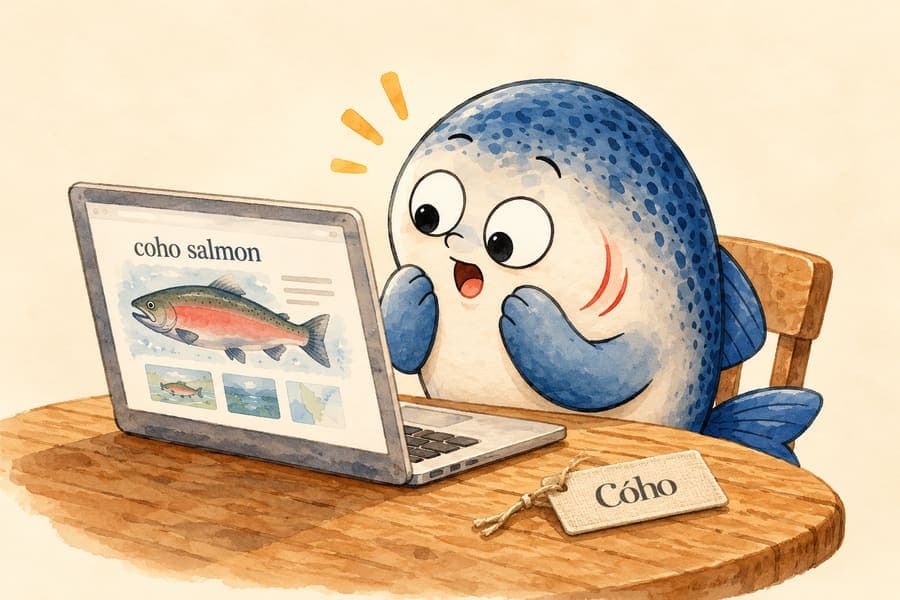 Лососяш смотрит в ноутбук с поиском «coho salmon» — рядом лежит бирка Cóho