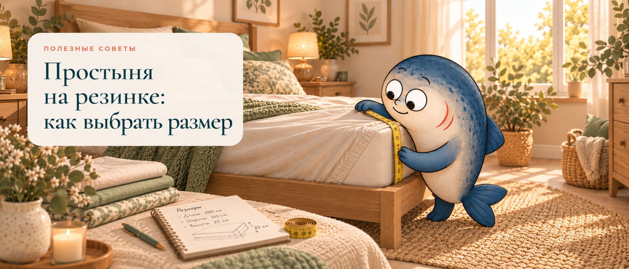 Лососяш измеряет высоту матраса рулеткой, рядом тетрадь с записями размеров простыни на резинке