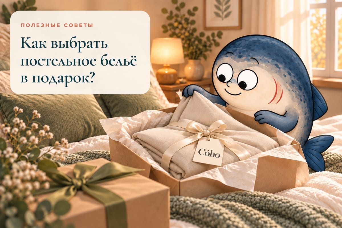 Лососяш выглядывает из подарочной коробки с постельным бельём Cóho, перевязанной лентой