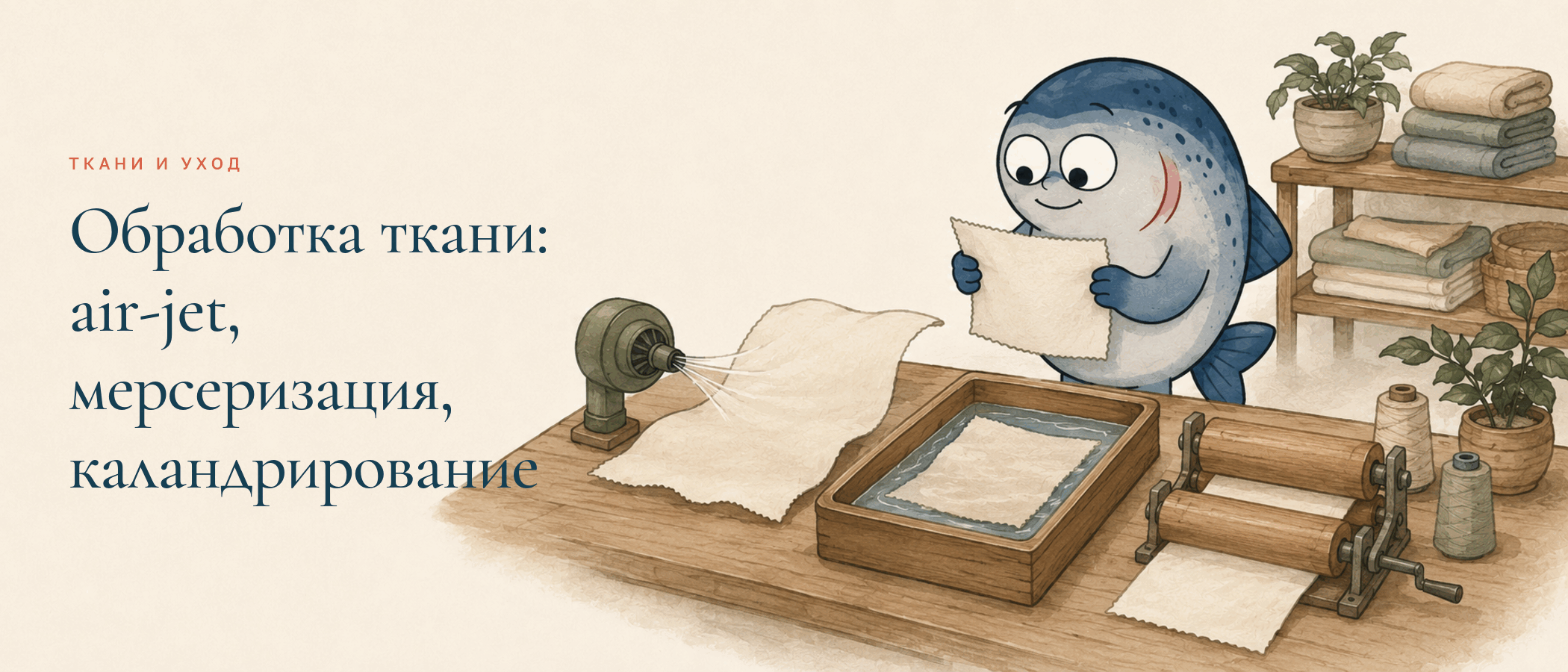 Маскот Coho сравнивает способы обработки ткани в текстильной мастерской