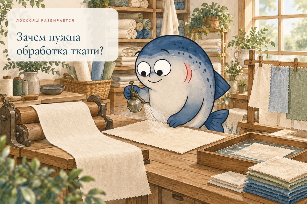 Маскот Coho сравнивает способы обработки ткани в текстильной мастерской