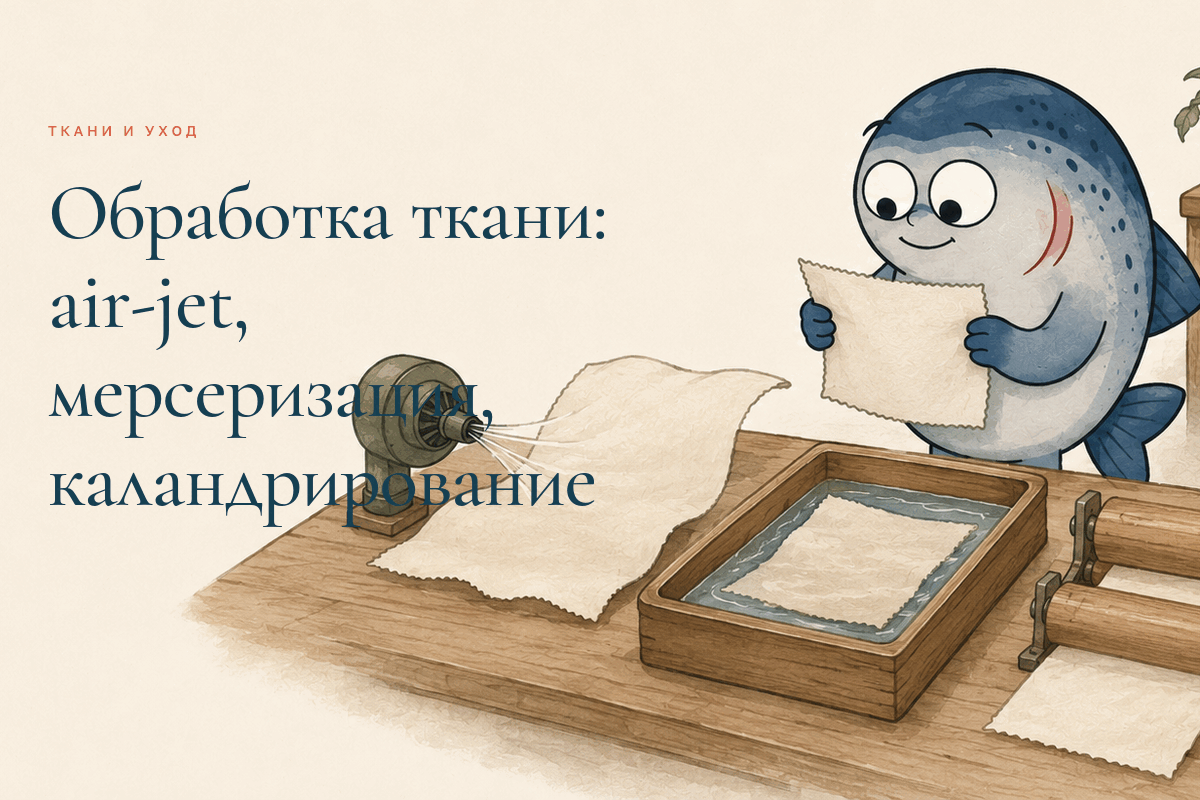Маскот Coho сравнивает способы обработки ткани в текстильной мастерской