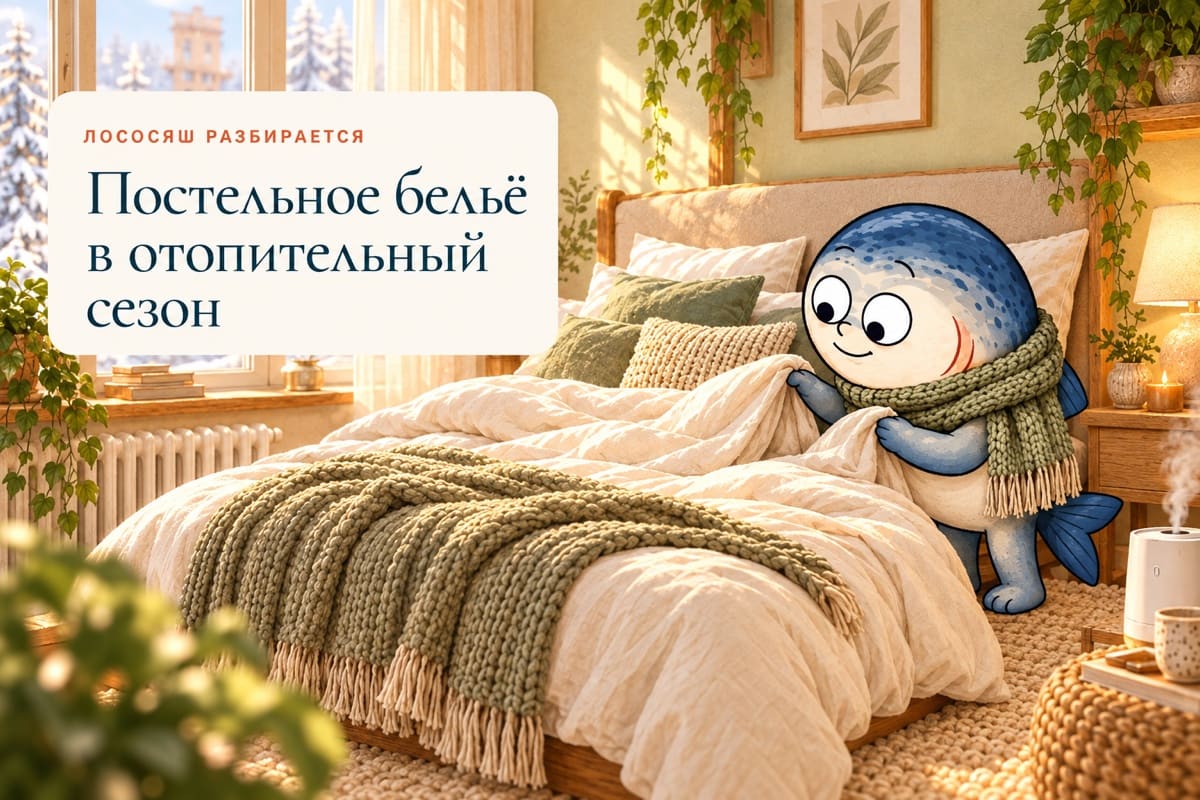 Лососяш в шарфе поправляет постельное бельё в уютной зимней спальне с включённым увлажнителем