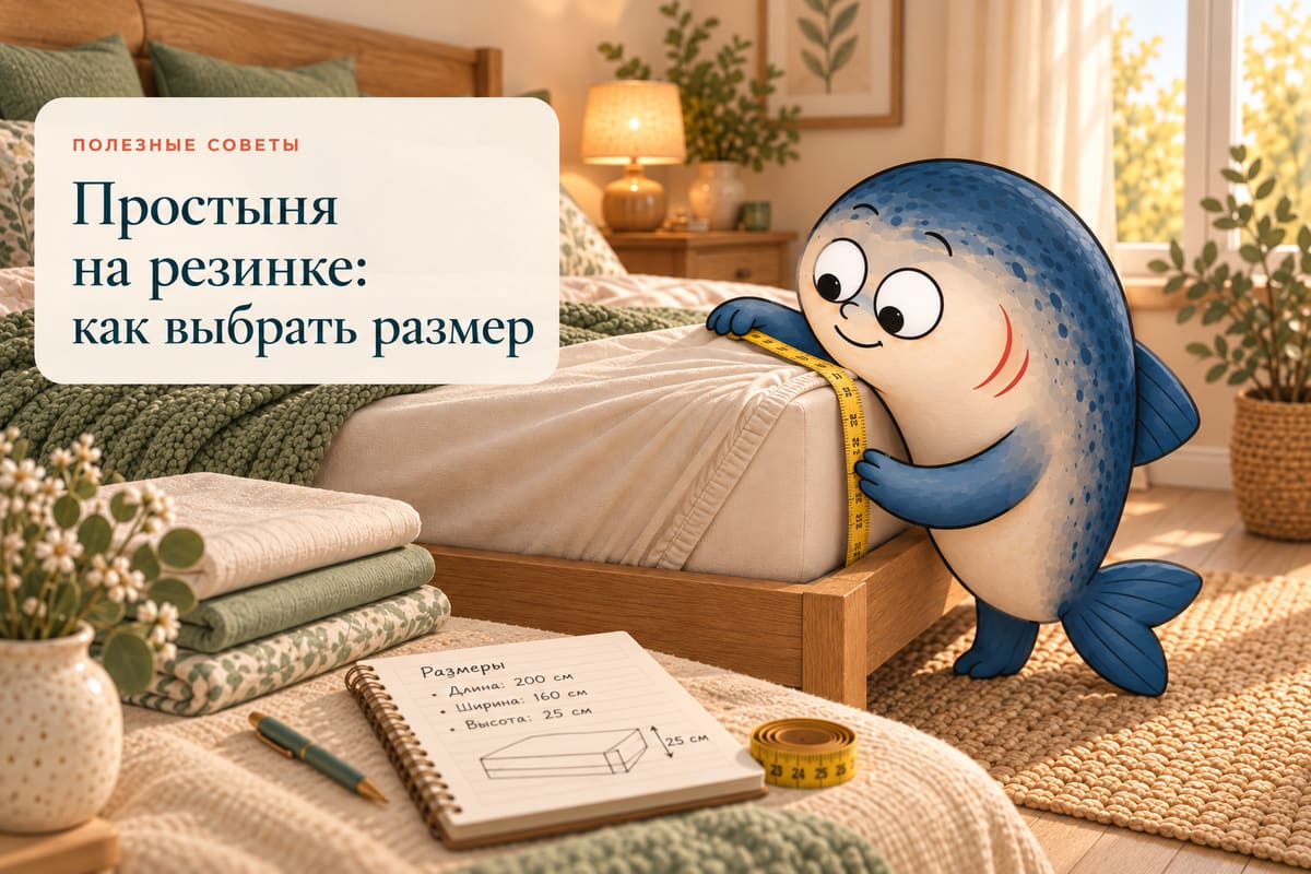 Лососяш измеряет высоту матраса рулеткой, рядом тетрадь с записями размеров простыни на резинке