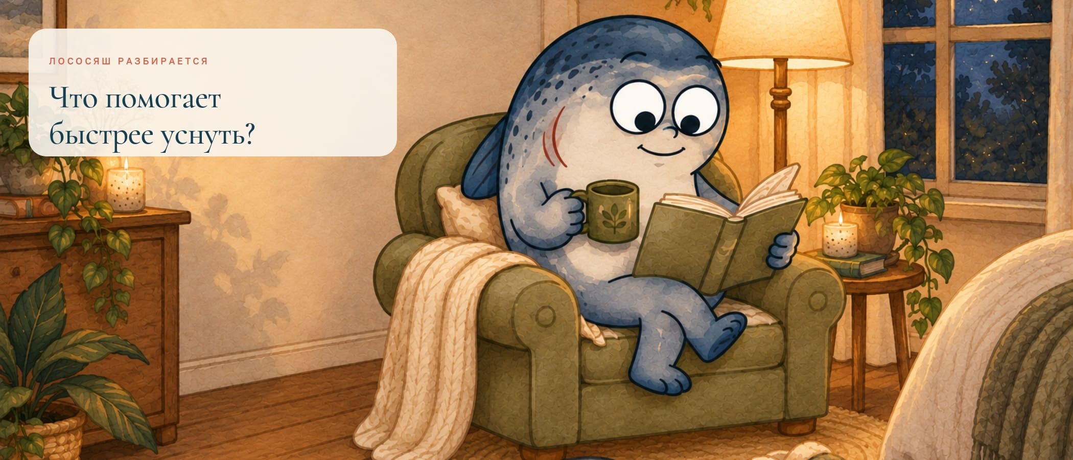 Маскот Coho читает книгу у лампы во время спокойного вечернего ритуала