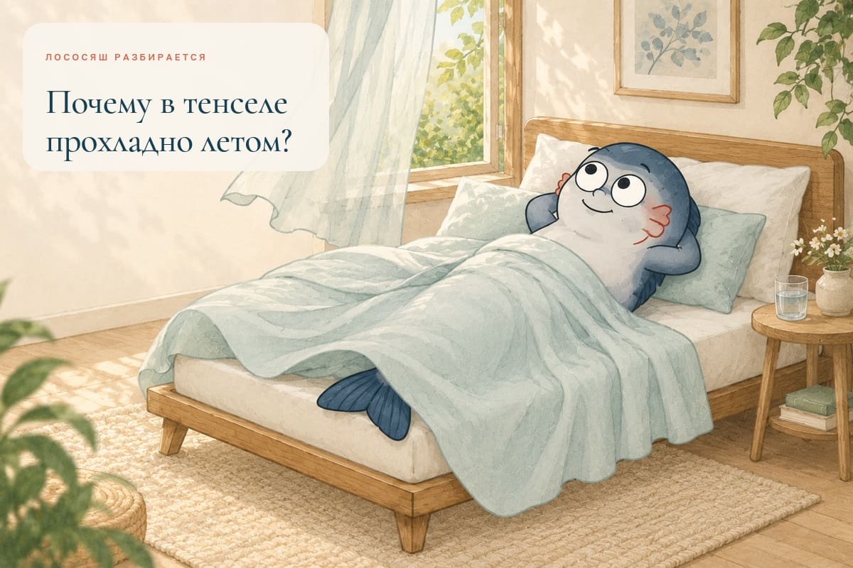 Маскот Coho отдыхает летом под лёгким прохладным бельём из тенселя