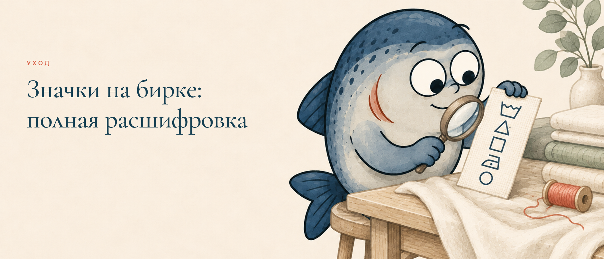 Маскот Coho изучает значки и обозначения на бирке постельного белья