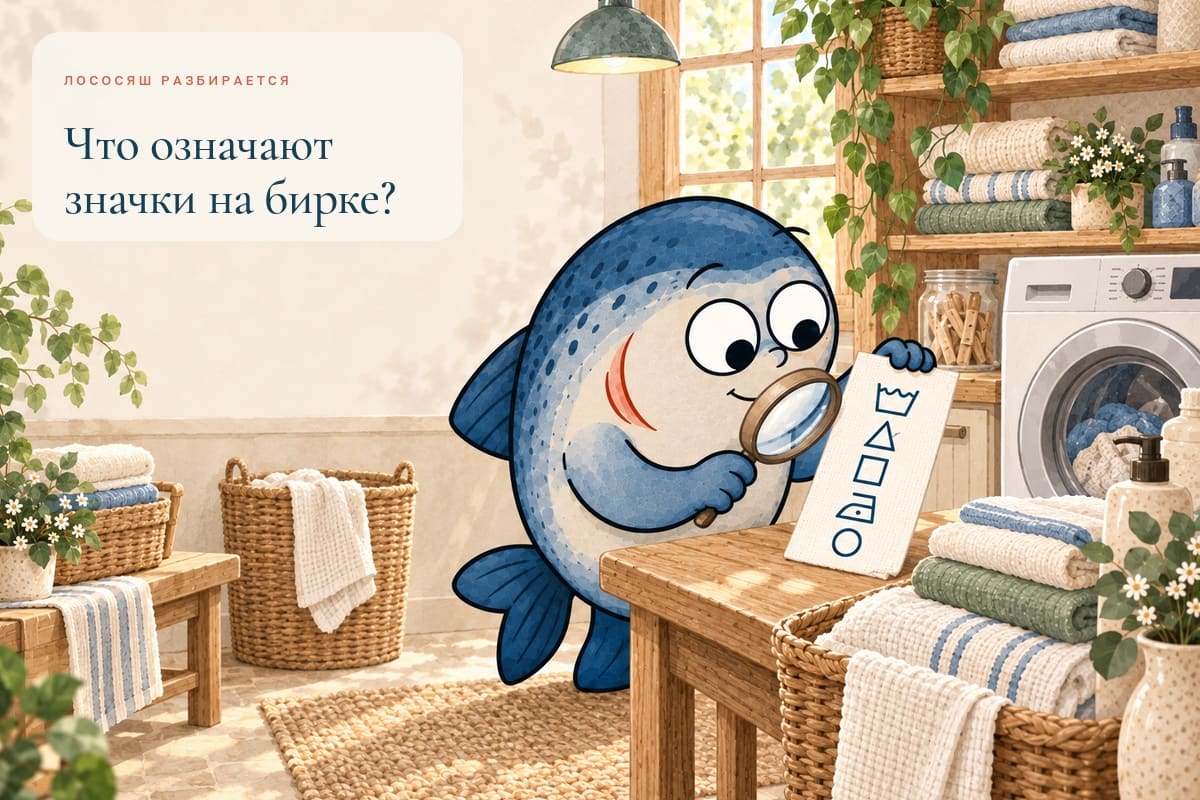 Маскот Coho изучает значки и обозначения на бирке постельного белья